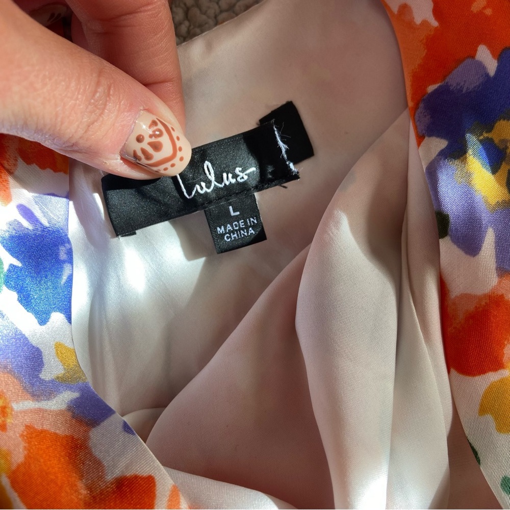 NWOT Lulus Bold Presence Orange Multi Floral Satin Halter Midi Dress - Picture 4 of 10